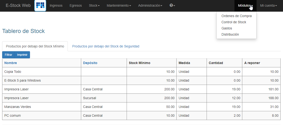screenshot of E-Stock Web